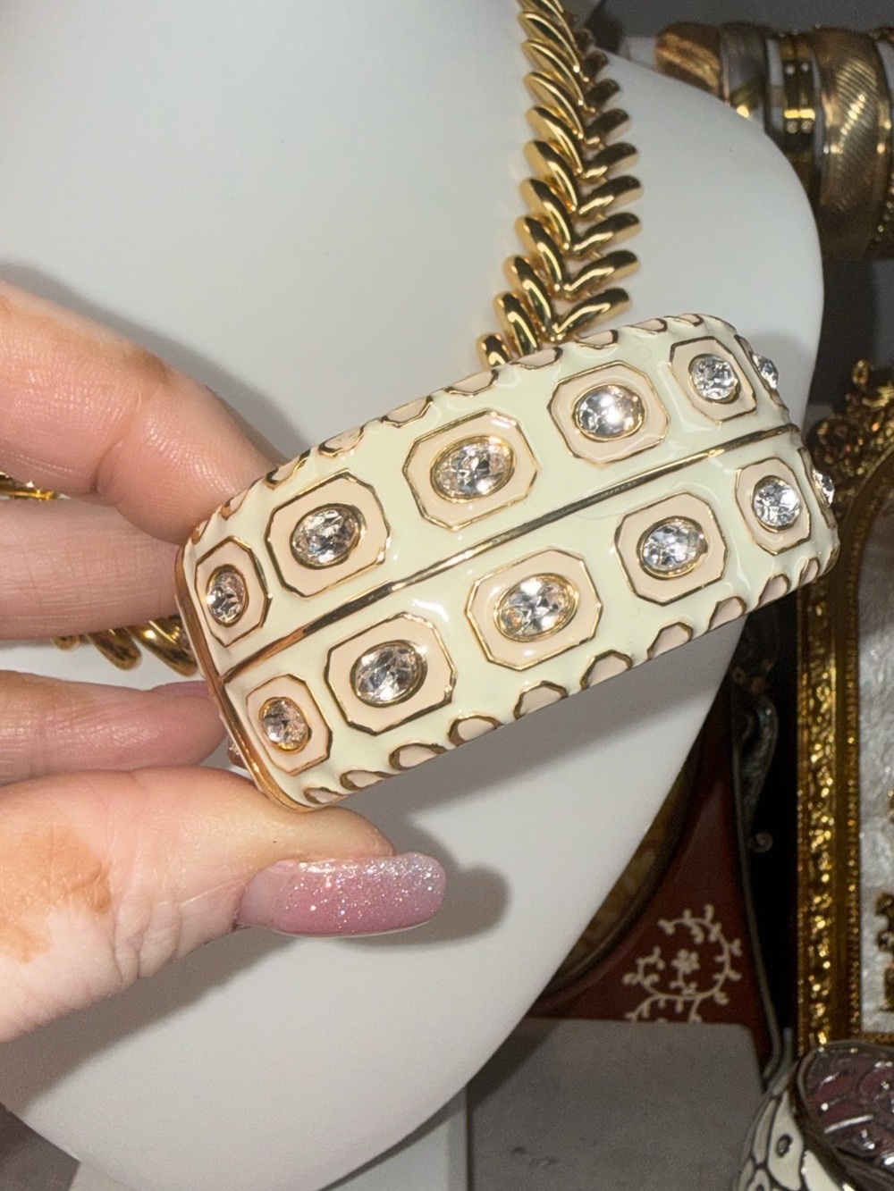 Ivory Enamel Rhinestone Hinged Bangle Bracelet